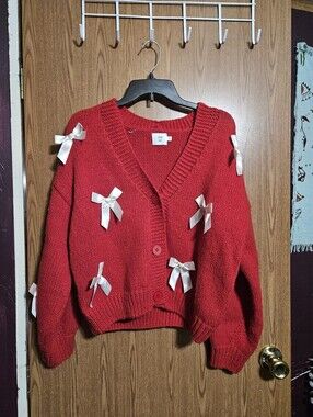 Luna Ivy Red Bow Accented Cardigan Chunky Knit Oversized Size Small!